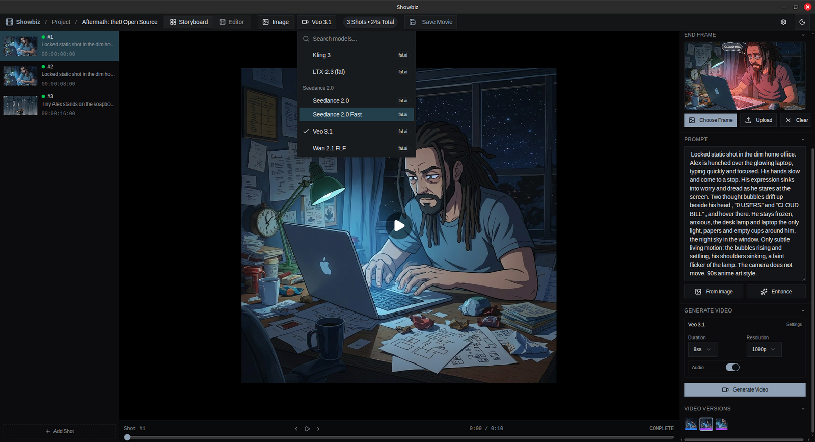 Showbiz storyboard mode: shots with start and end frames, prompts, and a model picker