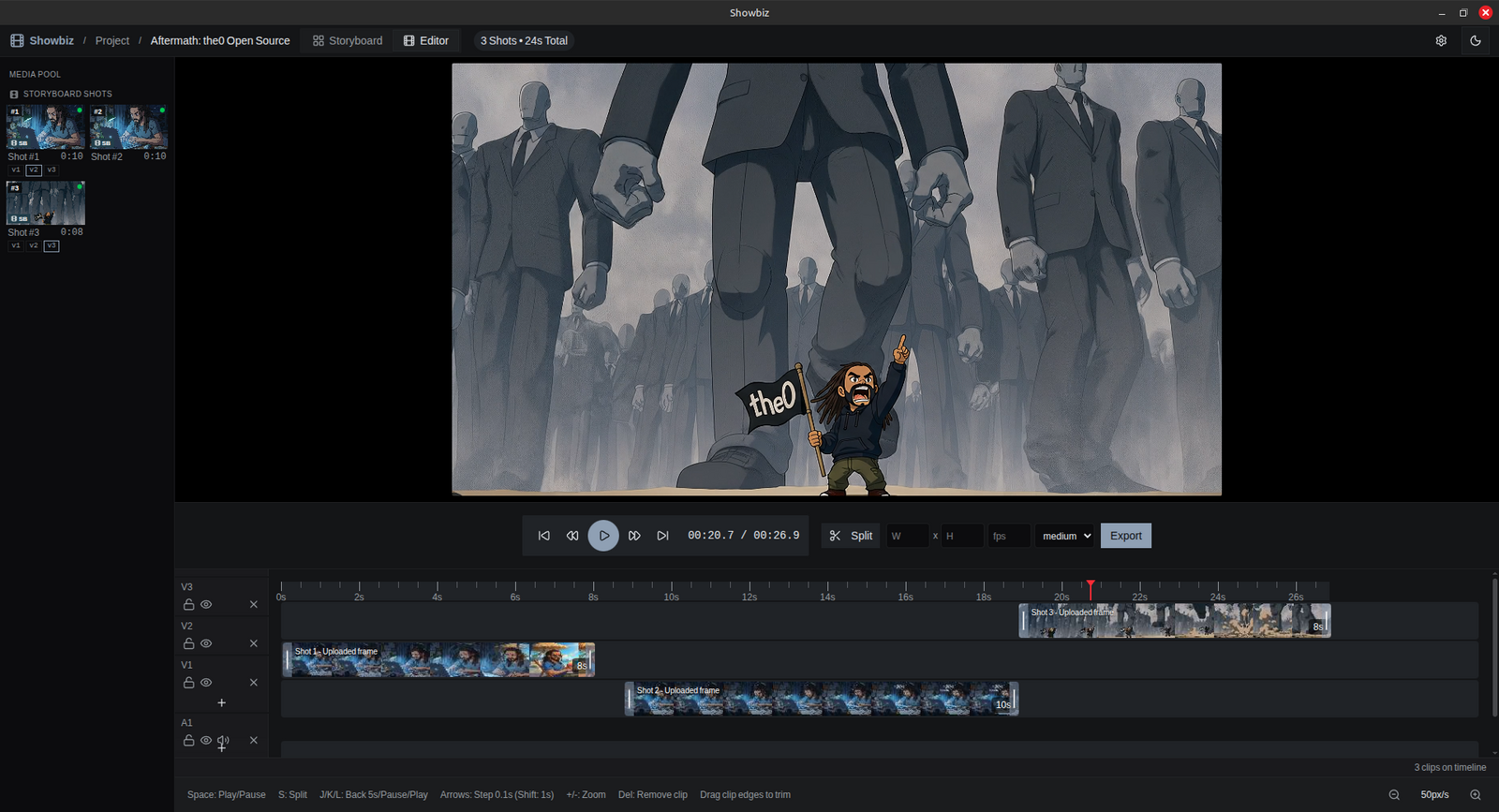 Showbiz editor mode: multi-track timeline with preview and export