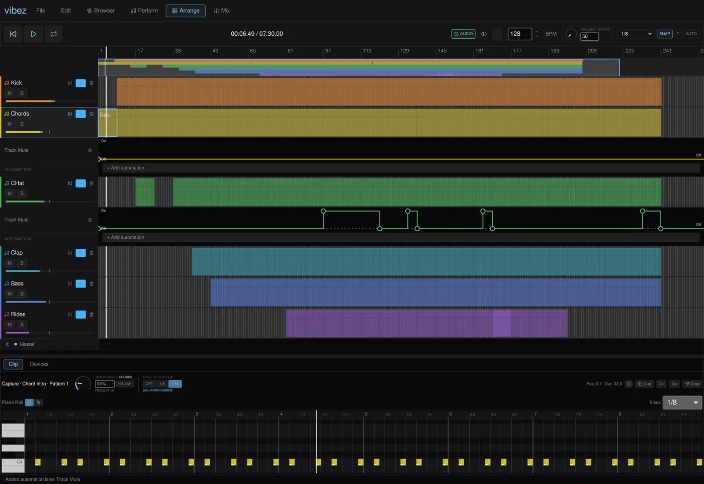 A captured performance written into the Arrangement, with Track Mute automation lanes