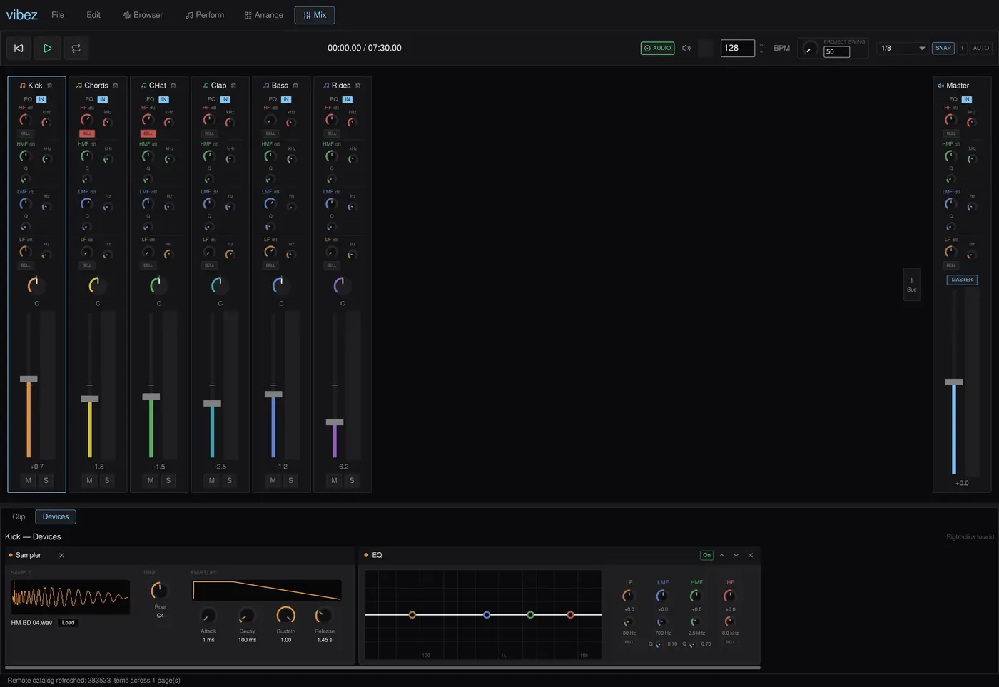 The Mix workspace: channel strips with EQ curves, the master channel, and the device rack
