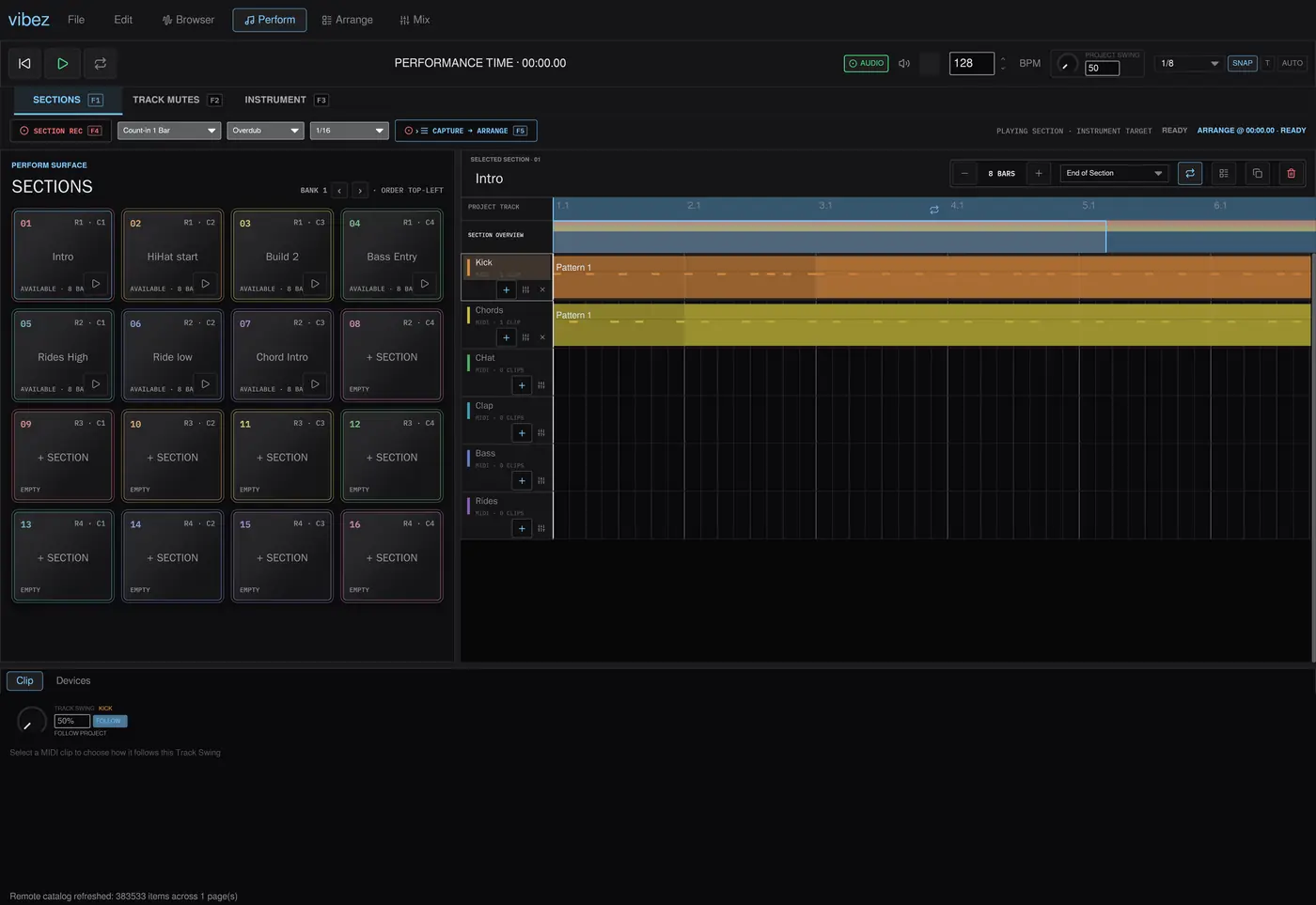 The Perform workspace: a 16 pad grid of named Sections beside the Section editor