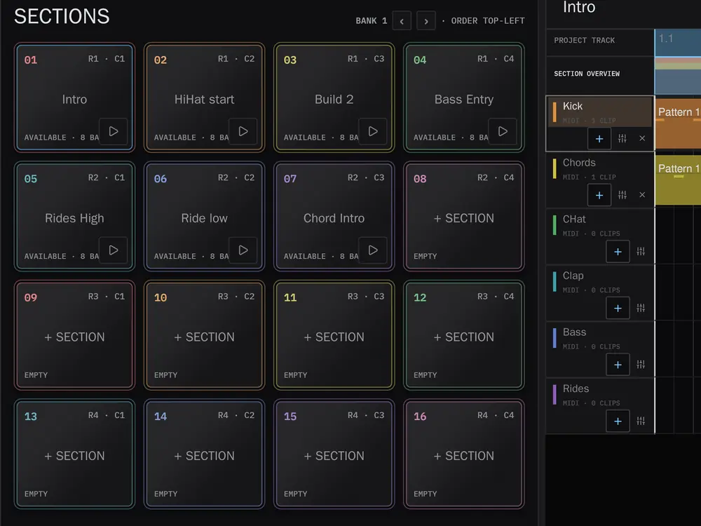 The Perform pad grid in Sections mode